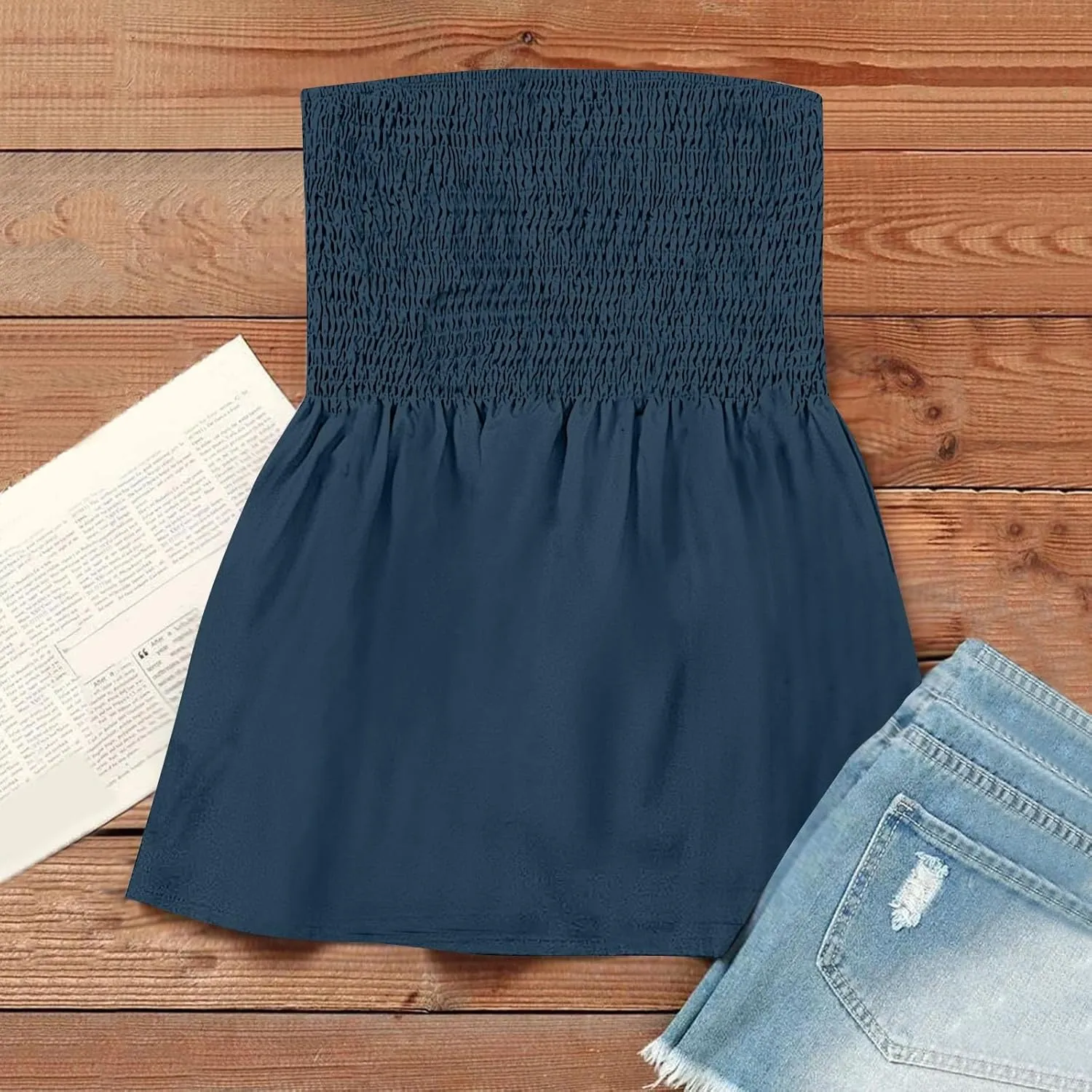 NBXNZWF Womens Tube Tops Off The Shoulder Smocked Strapless Sexy Tanks Summer Casual Bandeau Sleeveless Backless Shirts