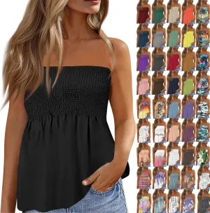 NBXNZWF Womens Tube Tops Off The Shoulder Smocked Strapless Sexy Tanks Summer Casual Bandeau Sleeveless Backless Shirts