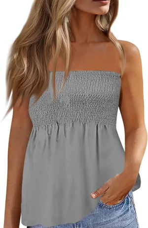 NBXNZWF Womens Tube Tops Off The Shoulder Smocked Strapless Sexy Tanks Summer Casual Bandeau Sleeveless Backless Shirts