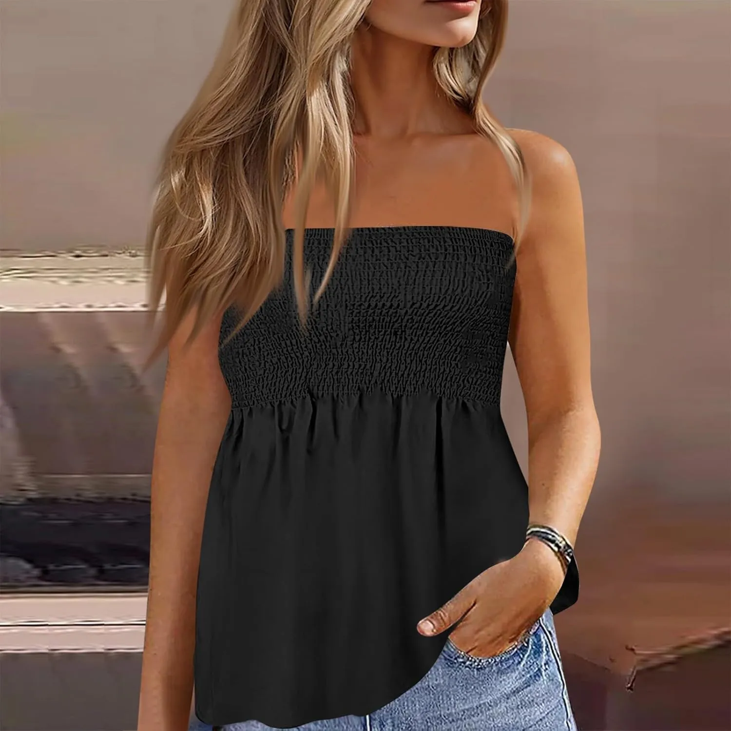 NBXNZWF Womens Tube Tops Off The Shoulder Smocked Strapless Sexy Tanks Summer Casual Bandeau Sleeveless Backless Shirts