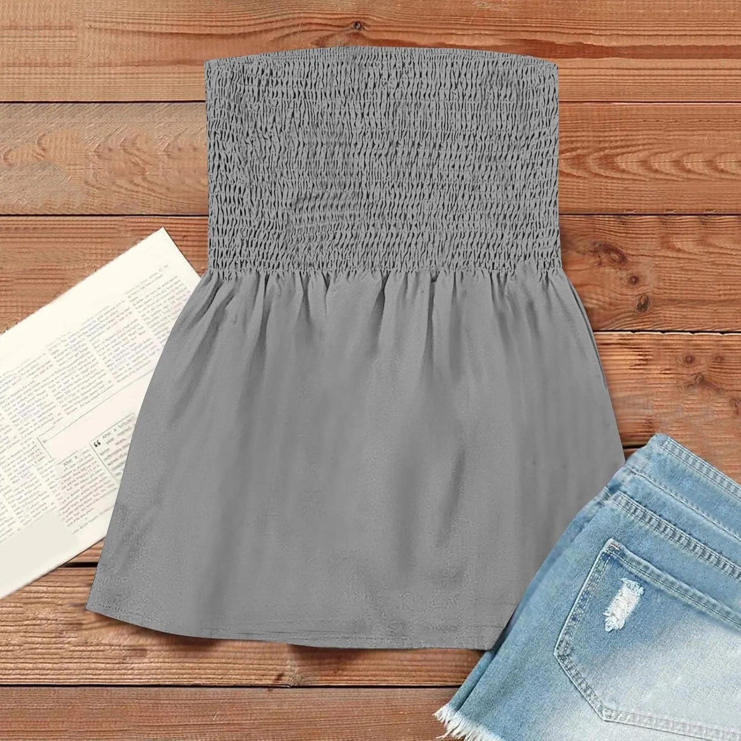NBXNZWF Womens Tube Tops Off The Shoulder Smocked Strapless Sexy Tanks Summer Casual Bandeau Sleeveless Backless Shirts