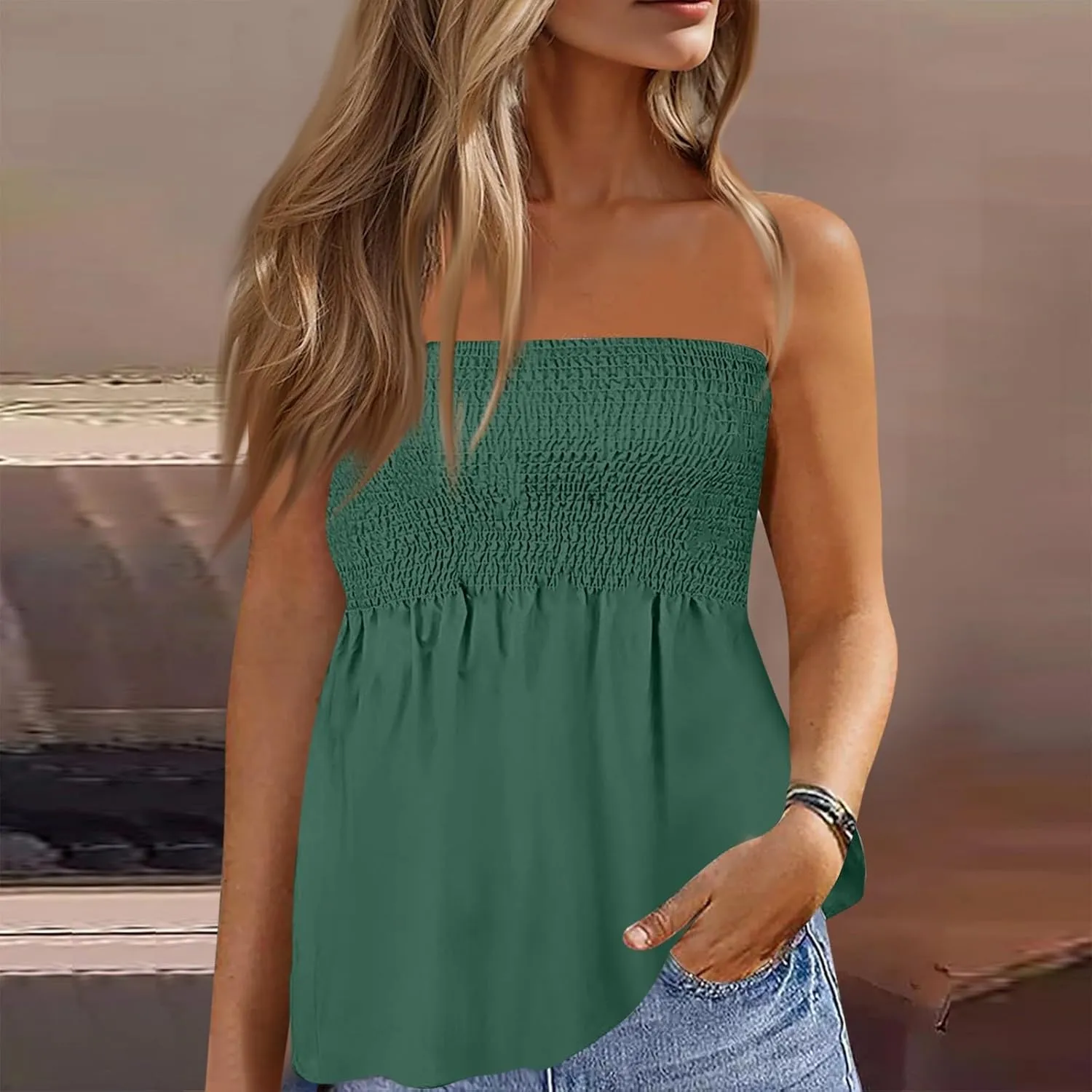 NBXNZWF Womens Tube Tops Off The Shoulder Smocked Strapless Sexy Tanks Summer Casual Bandeau Sleeveless Backless Shirts