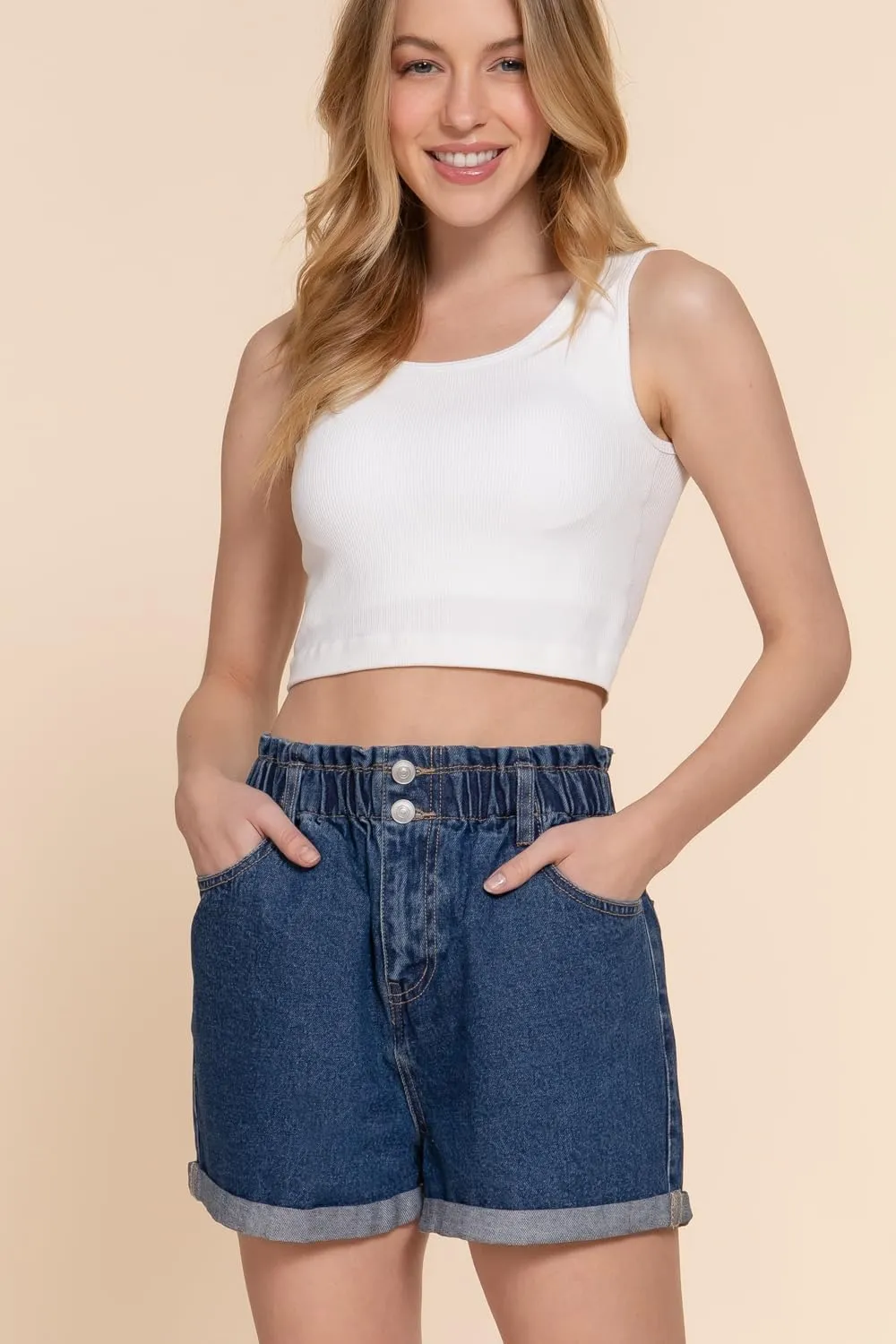 NE PEOPLE Women's Paper Bag Denim Shorts  High Waisted Double Botton Casual Elastic Waist Paperbag Rolled Up Hem Pants