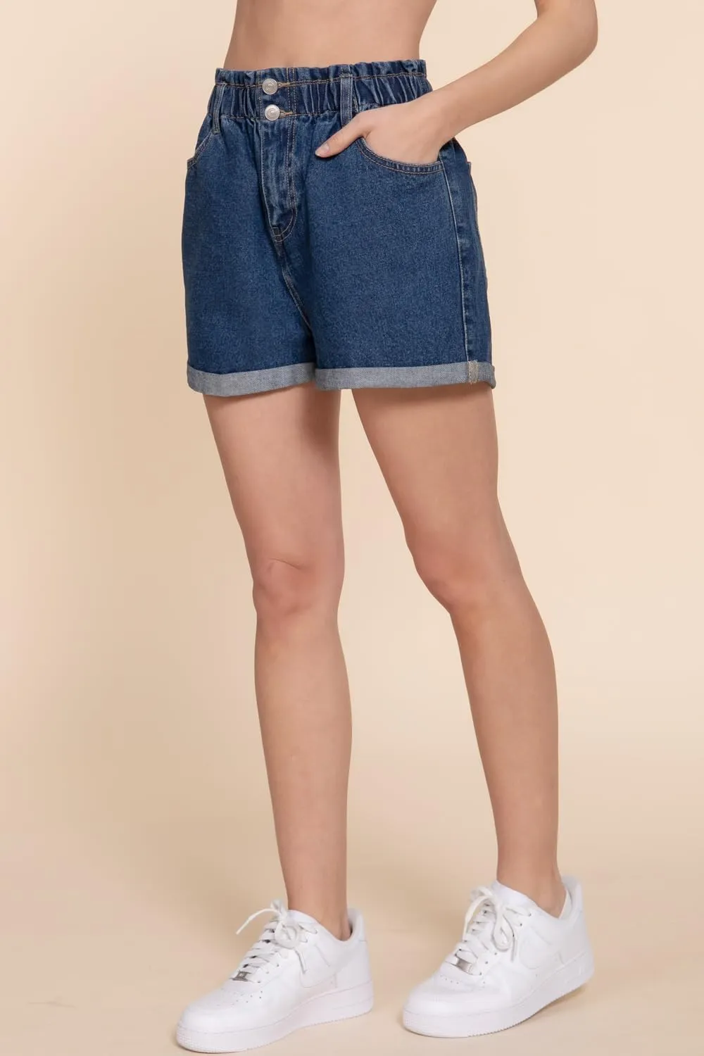 NE PEOPLE Women's Paper Bag Denim Shorts  High Waisted Double Botton Casual Elastic Waist Paperbag Rolled Up Hem Pants