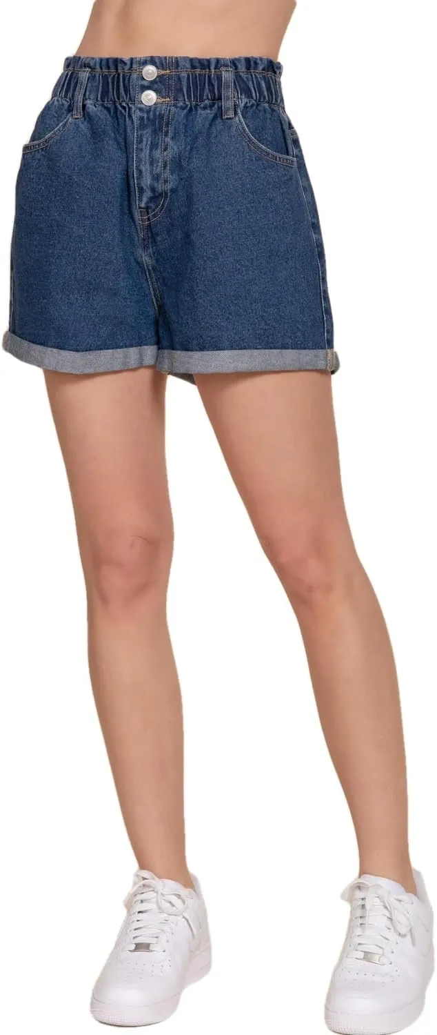 NE PEOPLE Women's Paper Bag Denim Shorts  High Waisted Double Botton Casual Elastic Waist Paperbag Rolled Up Hem Pants
