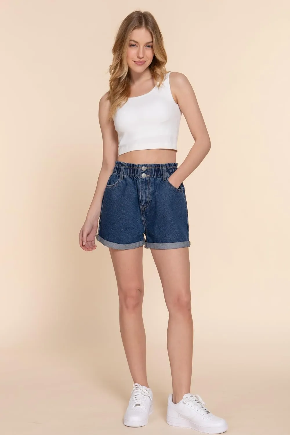 NE PEOPLE Women's Paper Bag Denim Shorts  High Waisted Double Botton Casual Elastic Waist Paperbag Rolled Up Hem Pants