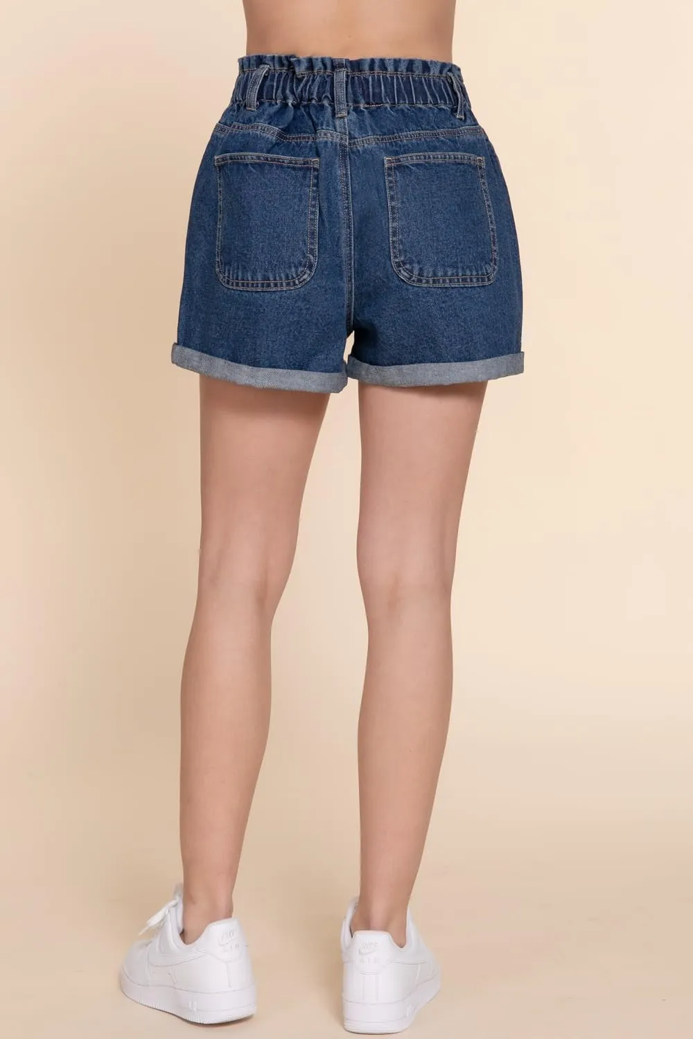 NE PEOPLE Women's Paper Bag Denim Shorts  High Waisted Double Botton Casual Elastic Waist Paperbag Rolled Up Hem Pants
