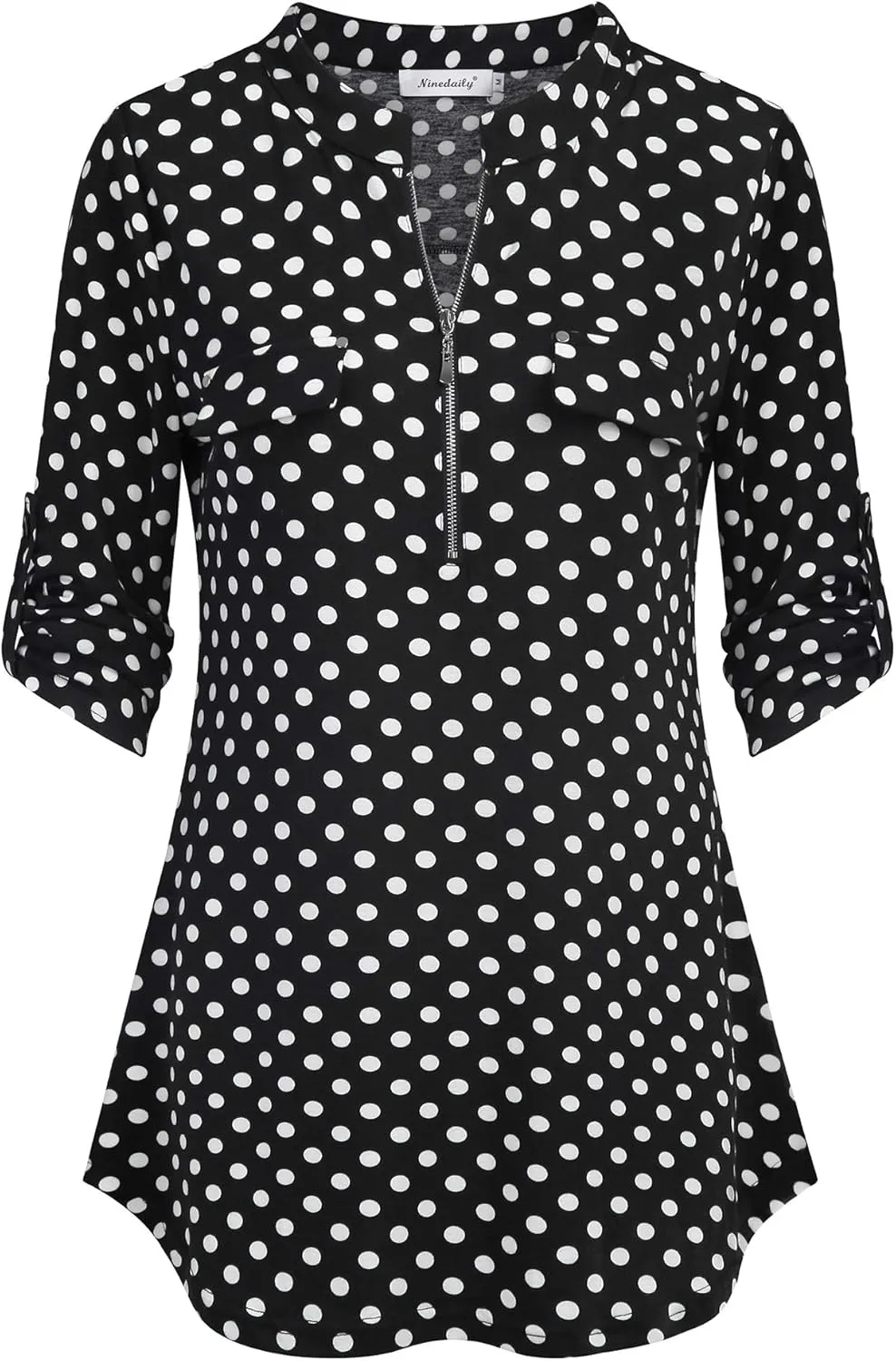 Ninedaily Women's 3/4 Sleeve Plaid Shirts Zip Floral Casual Tunic Blouse Tops