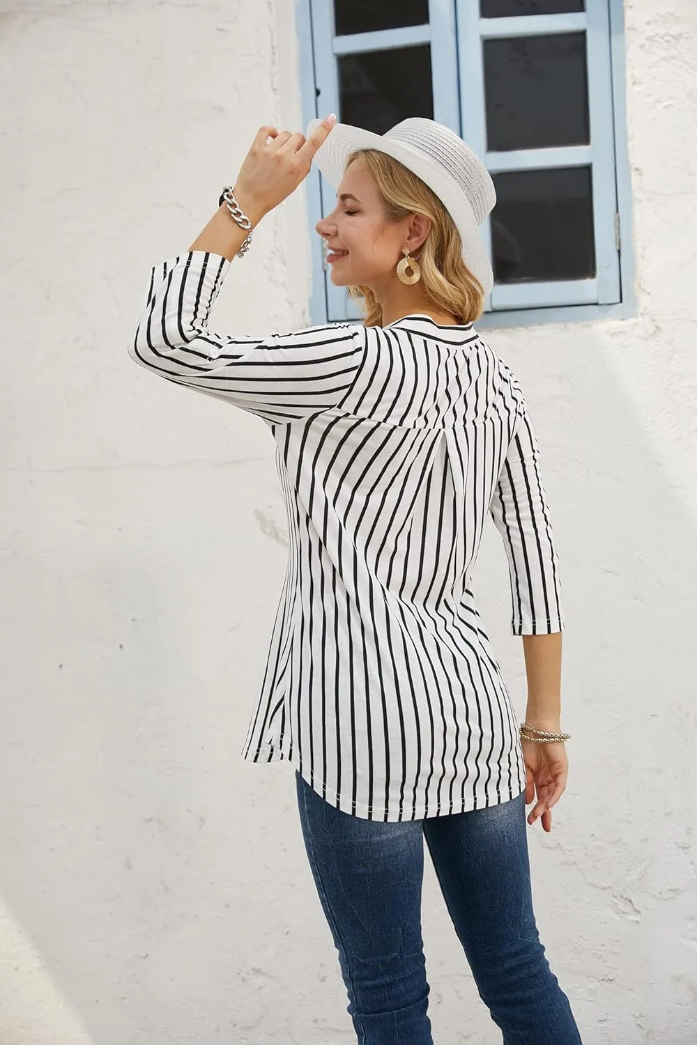 Ninedaily Women's 3/4 Sleeve Plaid Shirts Zip Floral Casual Tunic Blouse Tops