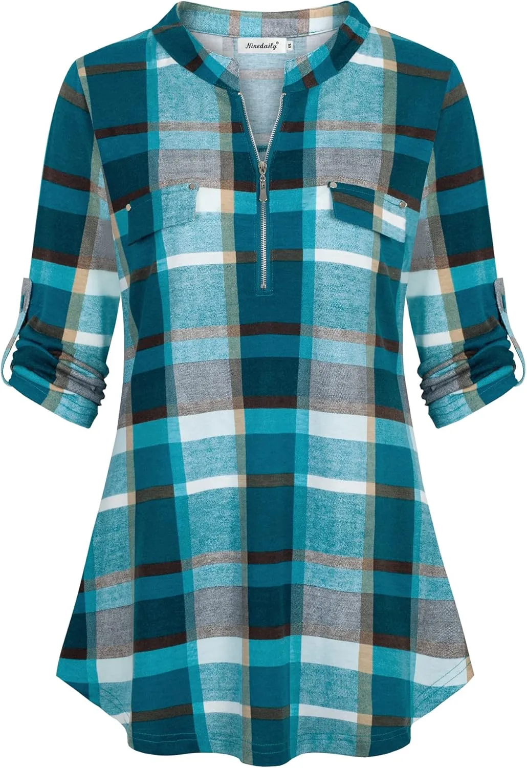 Ninedaily Women's 3/4 Sleeve Plaid Shirts Zip Floral Casual Tunic Blouse Tops