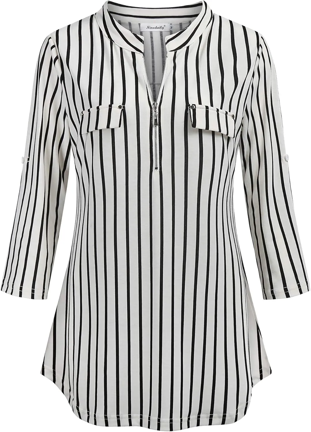 Ninedaily Women's 3/4 Sleeve Plaid Shirts Zip Floral Casual Tunic Blouse Tops