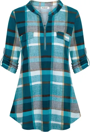 Ninedaily Women's 3/4 Sleeve Plaid Shirts Zip Floral Casual Tunic Blouse Tops