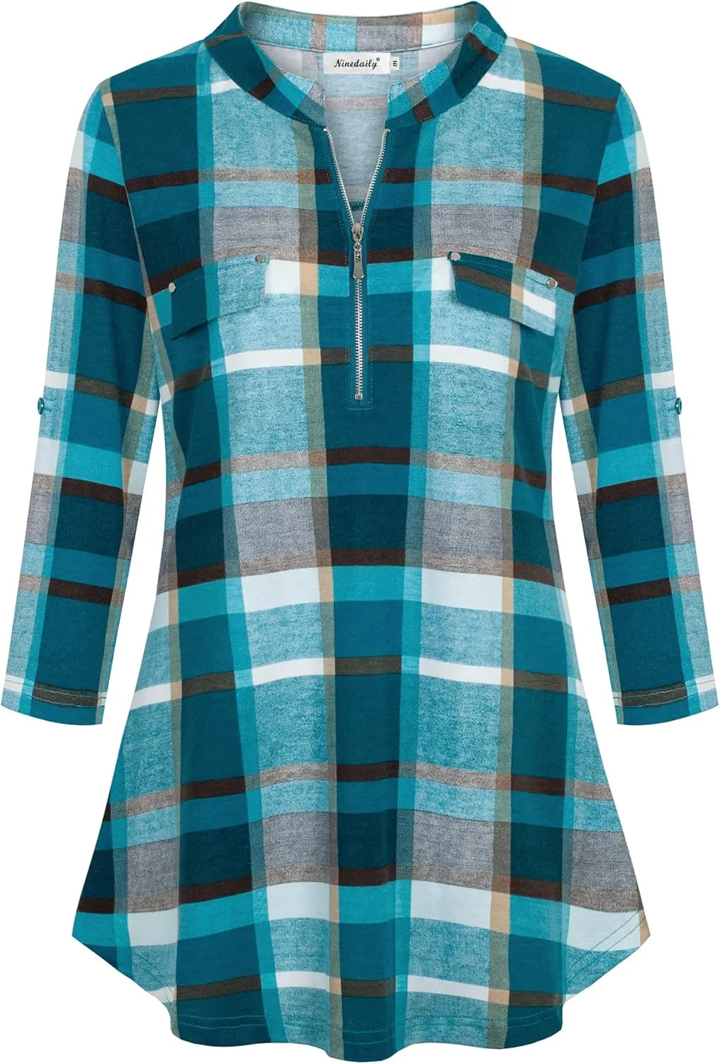 Ninedaily Women's 3/4 Sleeve Plaid Shirts Zip Floral Casual Tunic Blouse Tops