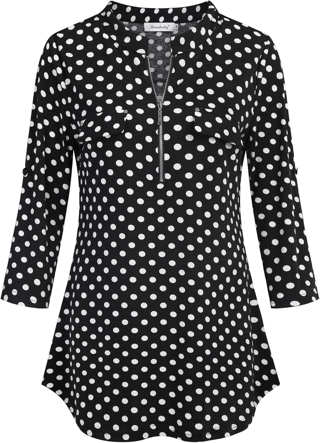 Ninedaily Women's 3/4 Sleeve Plaid Shirts Zip Floral Casual Tunic Blouse Tops