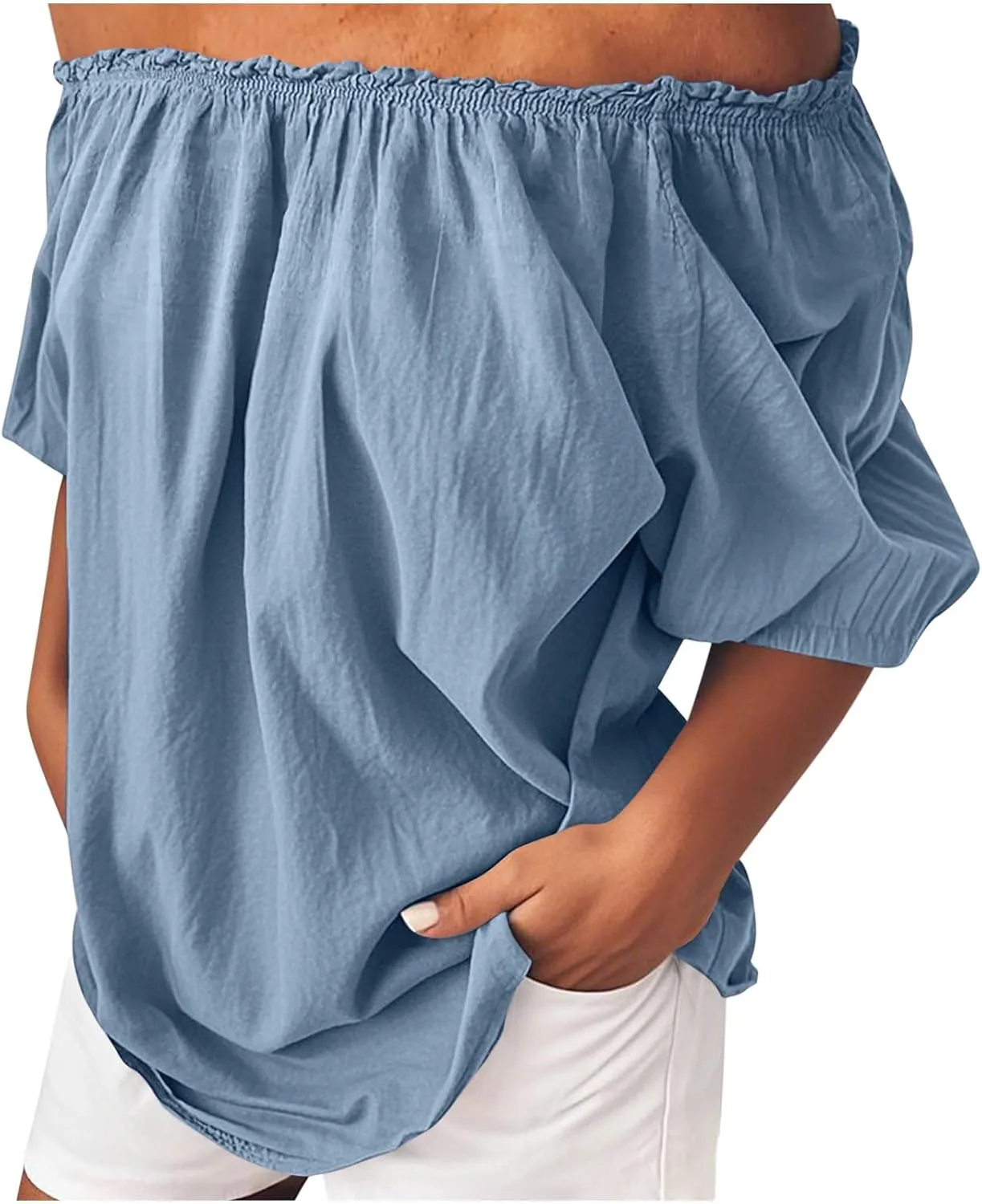 Off Shoulder Womens Linen Tops Trendy Shirred Neck Short Sleeve Shirts Summer Casual Beach Blouse Going Out Gauze Tees