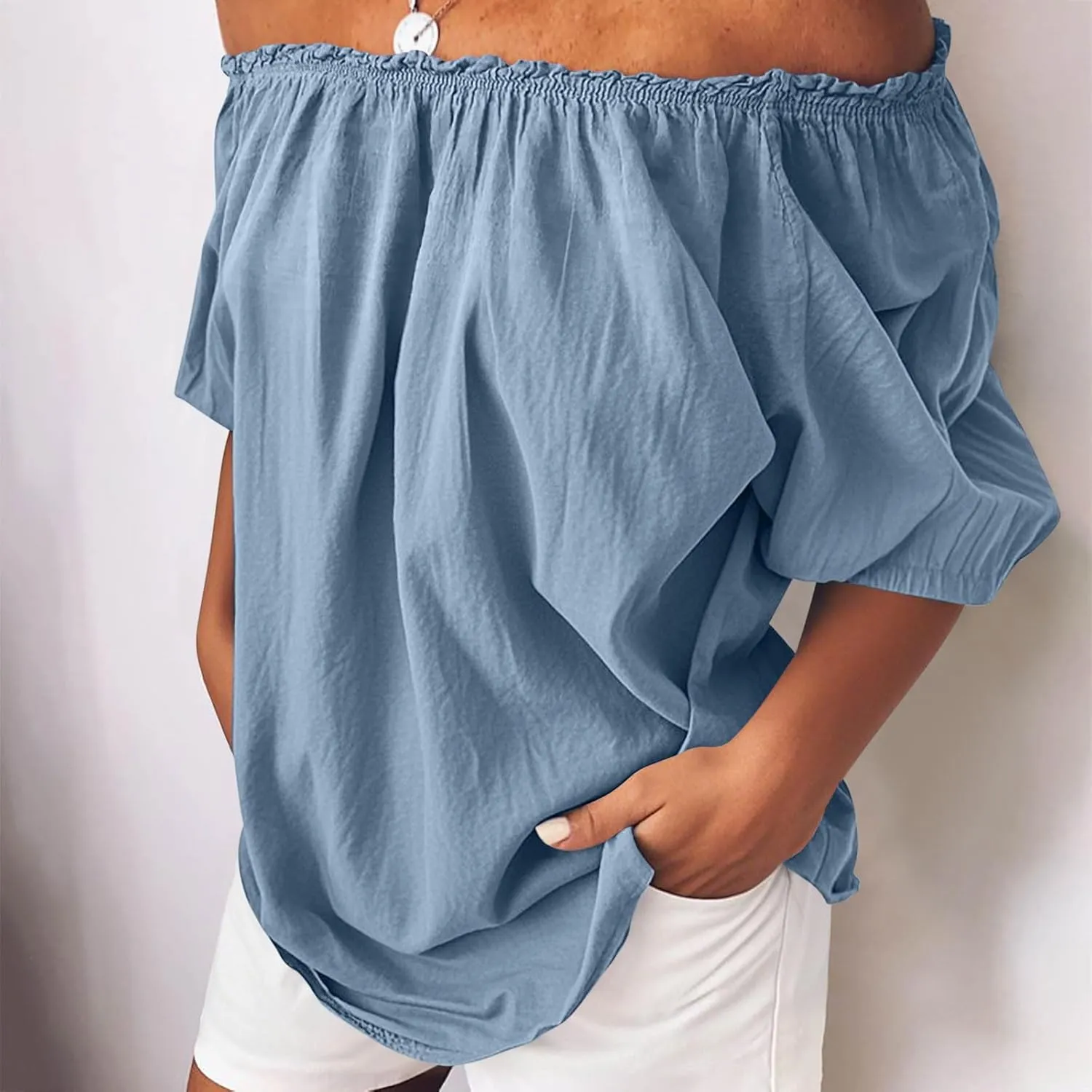 Off Shoulder Womens Linen Tops Trendy Shirred Neck Short Sleeve Shirts Summer Casual Beach Blouse Going Out Gauze Tees
