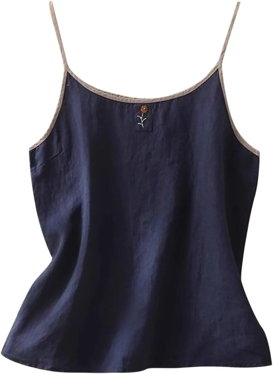 Oplxuo Cotton Linen Tank Tops Women Trendy Spaghetti Strap Sleeveless Shirts Casual Fashion Solid Summer Loose Fit Camisole