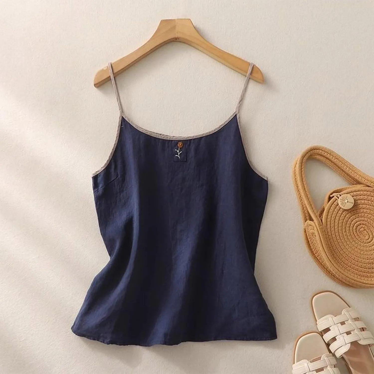 Oplxuo Cotton Linen Tank Tops Women Trendy Spaghetti Strap Sleeveless Shirts Casual Fashion Solid Summer Loose Fit Camisole