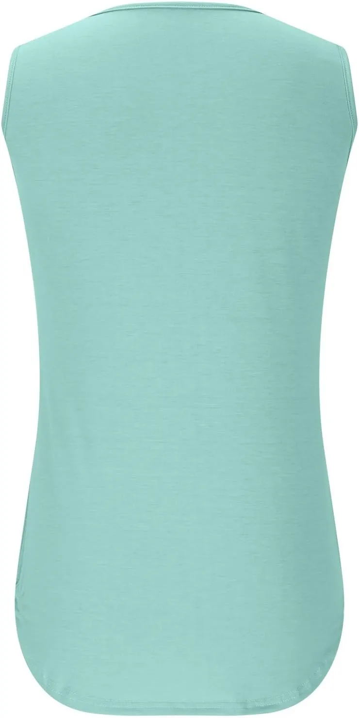 Oplxuo Summer Tank Tops for Women Loose Fit Pleated Tunics Round Neck Sleeveless Lace Tops Curved Hem Flowy Blouse