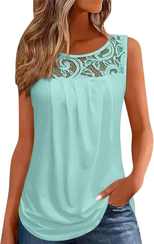 Oplxuo Summer Tank Tops for Women Loose Fit Pleated Tunics Round Neck Sleeveless Lace Tops Curved Hem Flowy Blouse
