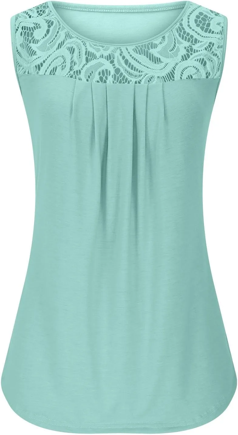 Oplxuo Summer Tank Tops for Women Loose Fit Pleated Tunics Round Neck Sleeveless Lace Tops Curved Hem Flowy Blouse