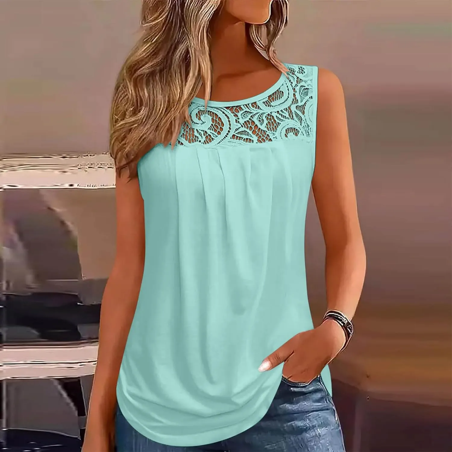 Oplxuo Summer Tank Tops for Women Loose Fit Pleated Tunics Round Neck Sleeveless Lace Tops Curved Hem Flowy Blouse