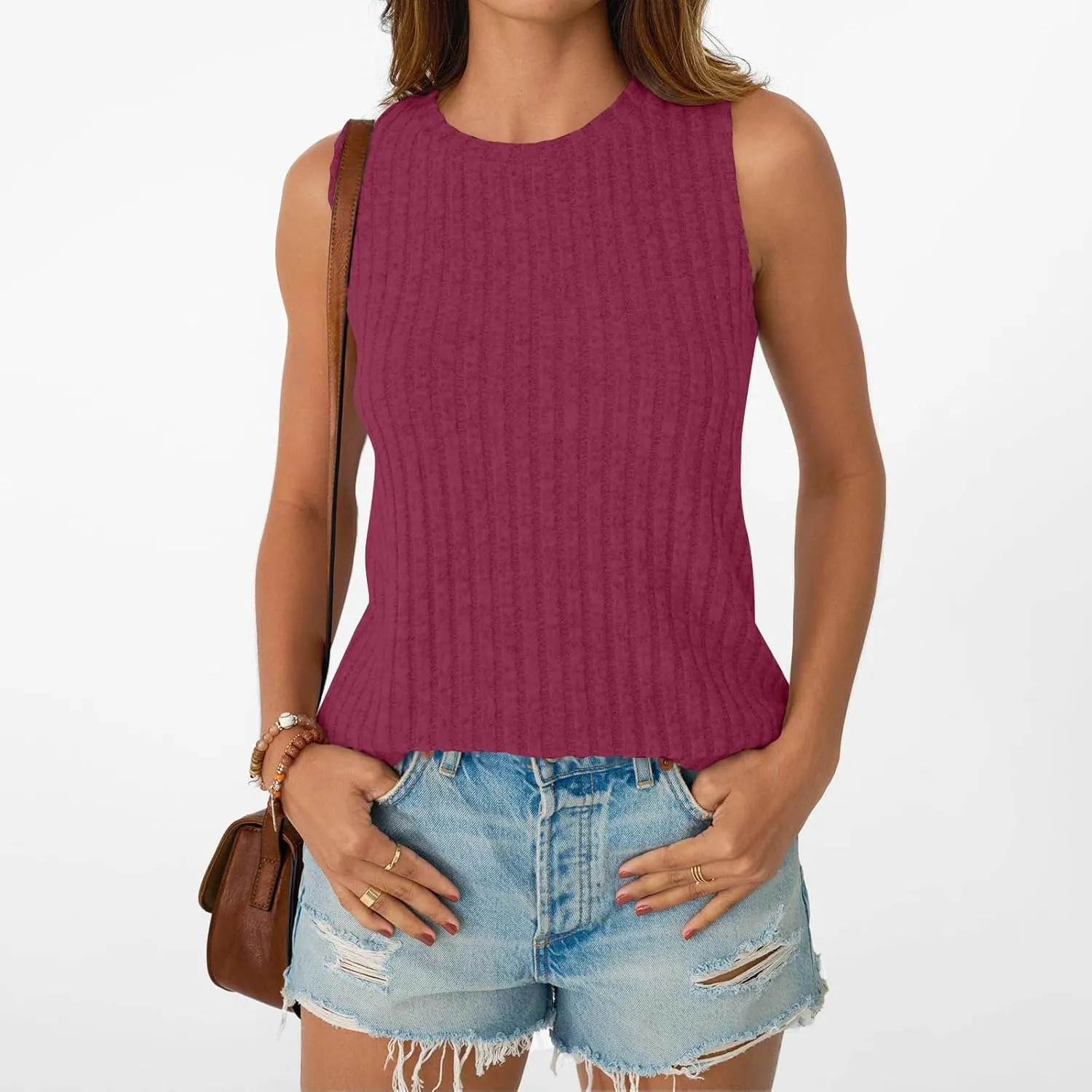 Oplxuo Womens Crew Neck Ribbed Tank Tops Sleeveless Basic Tops Sexy Slim Fit Tee Shirts Summer Clothes 2025