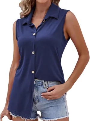Oplxuo Women's Sleeveless Button Down Shirts Collared Work Blouses Solid Casual Loose V Neck Tank Tops
