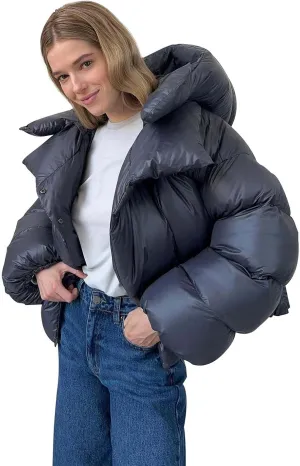 Oversized Down Jacket Womens Thickened Short Padded Y2k Puffer Pockets Cropped Winter Coat Outerwear Removable Hood