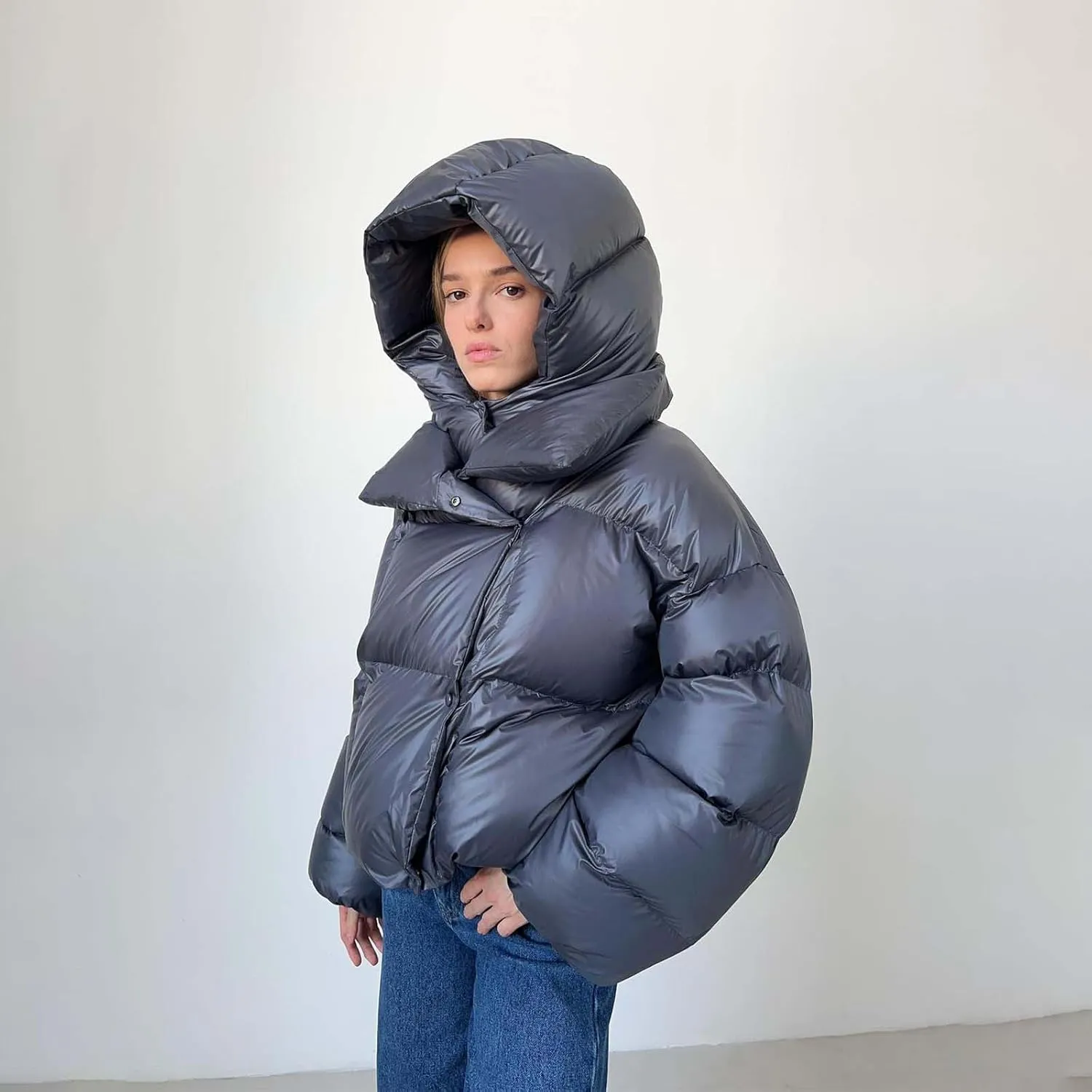 Oversized Down Jacket Womens Thickened Short Padded Y2k Puffer Pockets Cropped Winter Coat Outerwear Removable Hood
