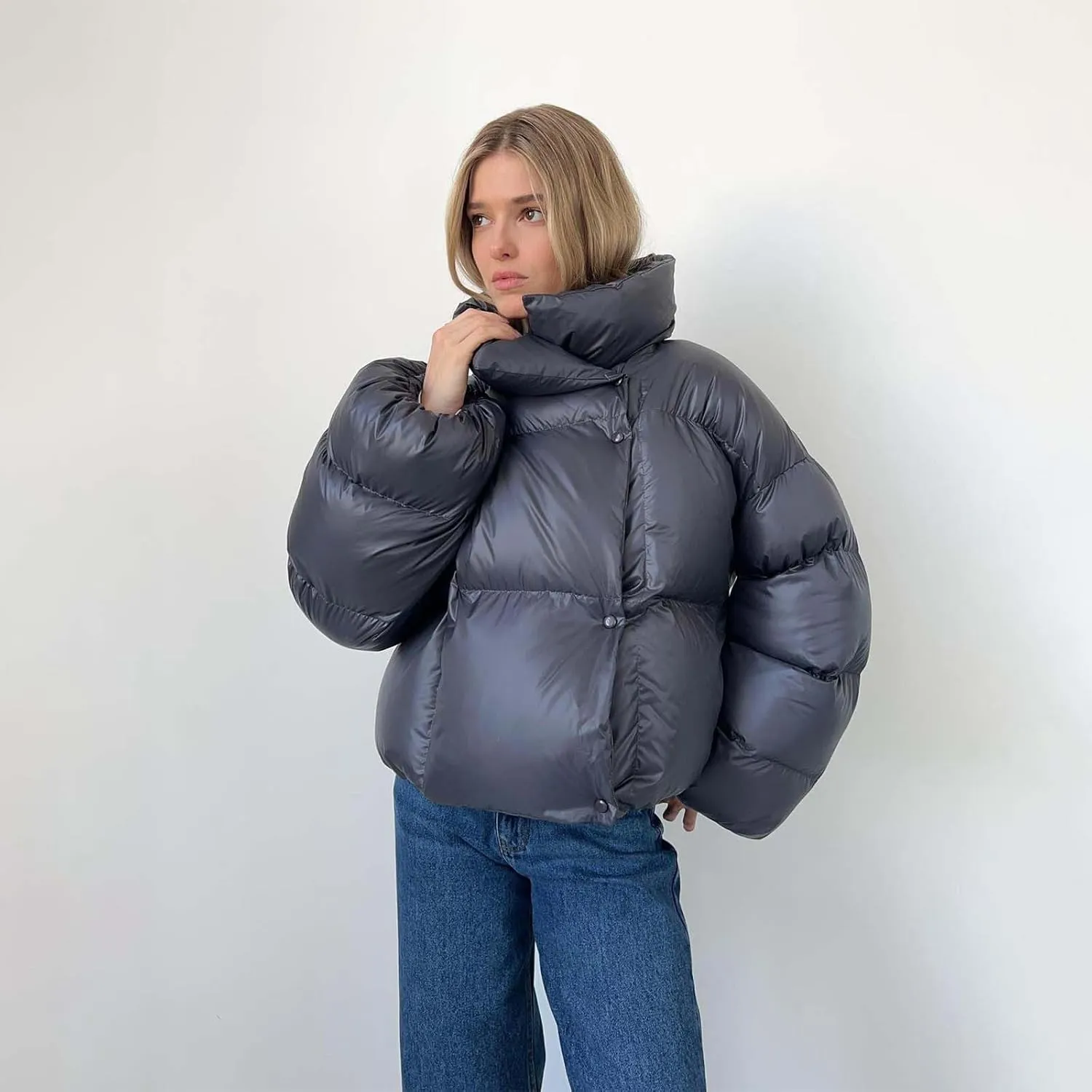 Oversized Down Jacket Womens Thickened Short Padded Y2k Puffer Pockets Cropped Winter Coat Outerwear Removable Hood
