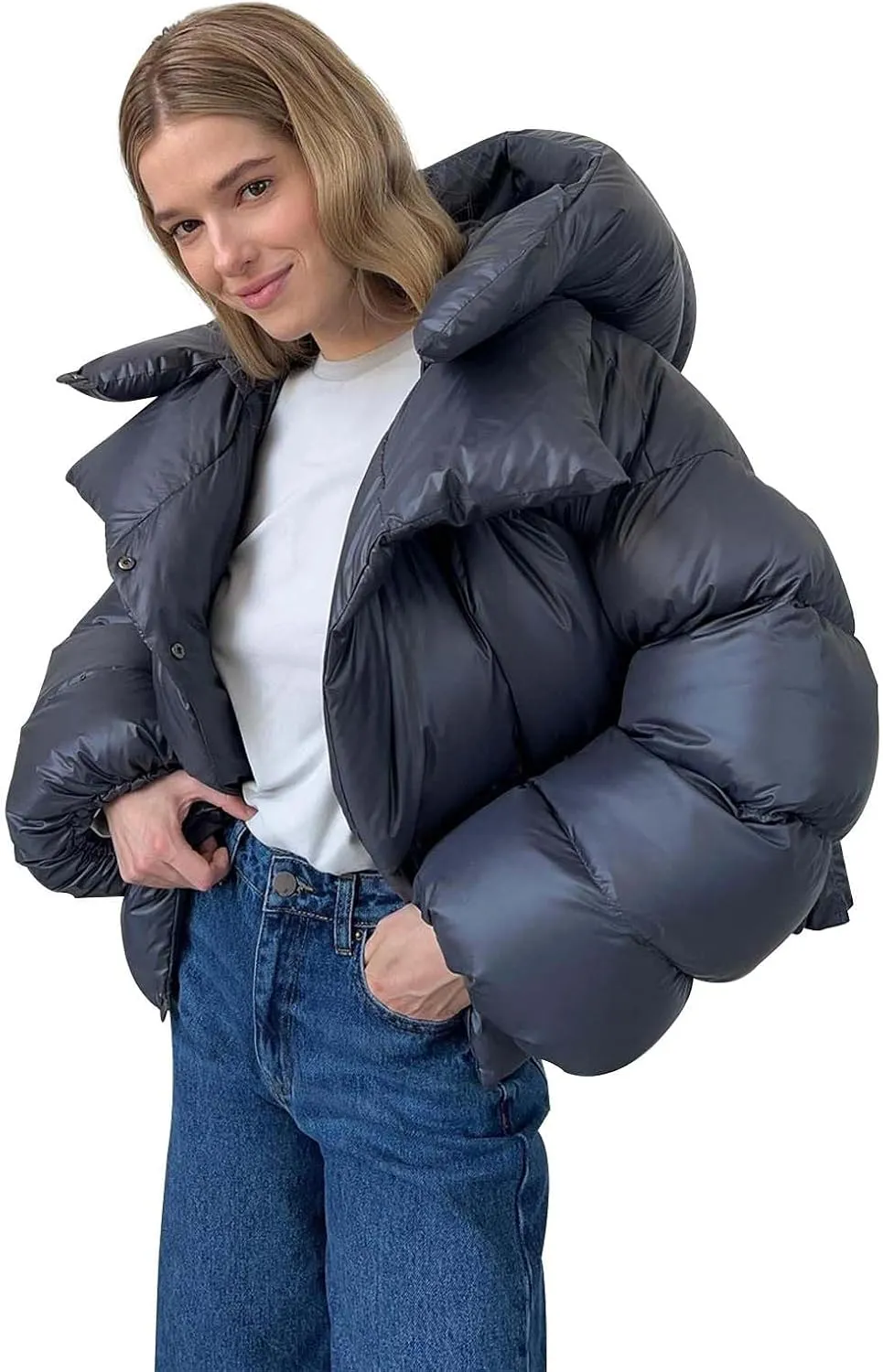 Oversized Down Jacket Womens Thickened Short Padded Y2k Puffer Pockets Cropped Winter Coat Outerwear Removable Hood