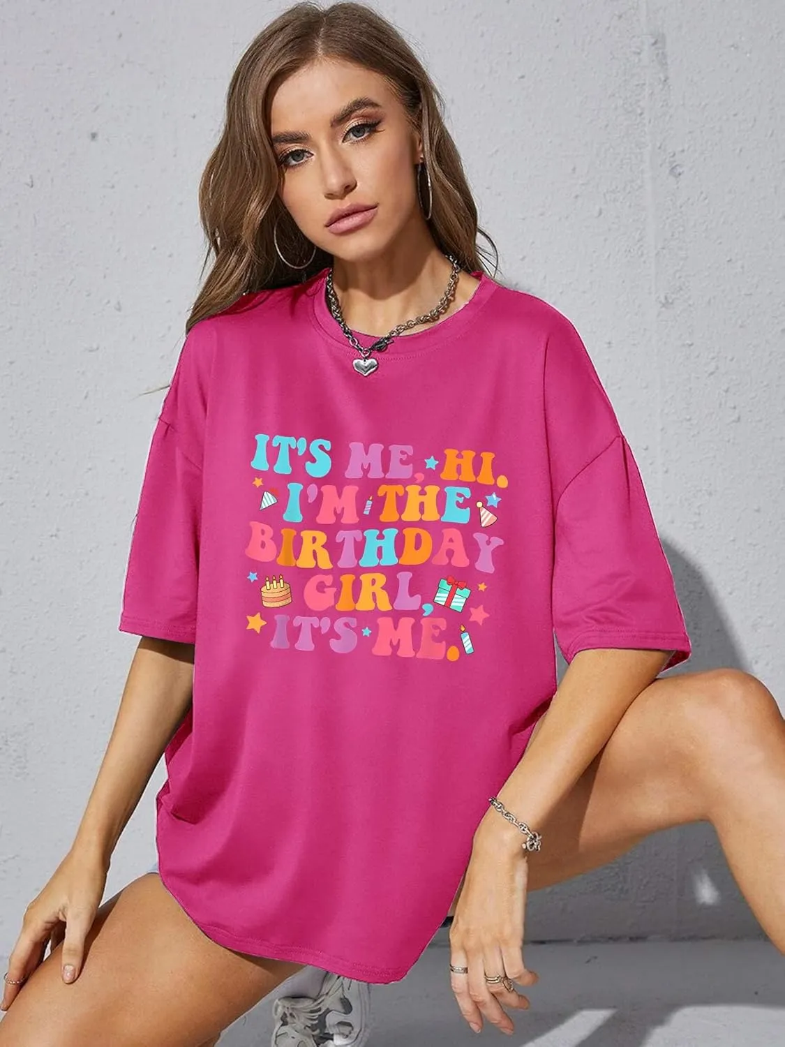 Oversized Shirt for Women It's Me Hi I'm Birthday Girl It's Me Letter Tee Shirt Party Short Sleeve Tops