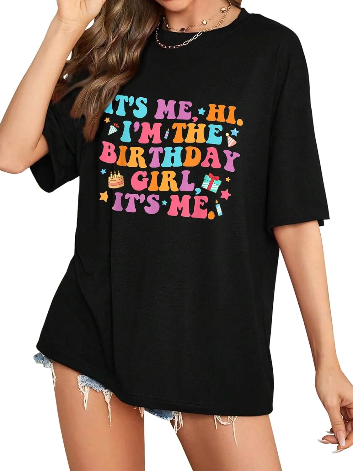Oversized Shirt for Women It's Me Hi I'm Birthday Girl It's Me Letter Tee Shirt Party Short Sleeve Tops