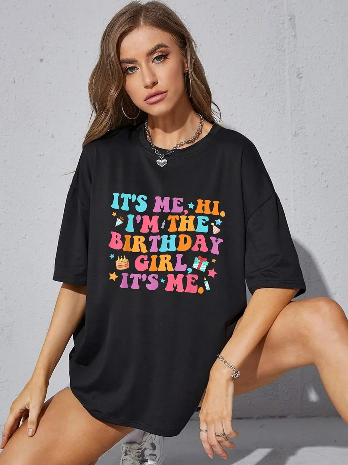 Oversized Shirt for Women It's Me Hi I'm Birthday Girl It's Me Letter Tee Shirt Party Short Sleeve Tops