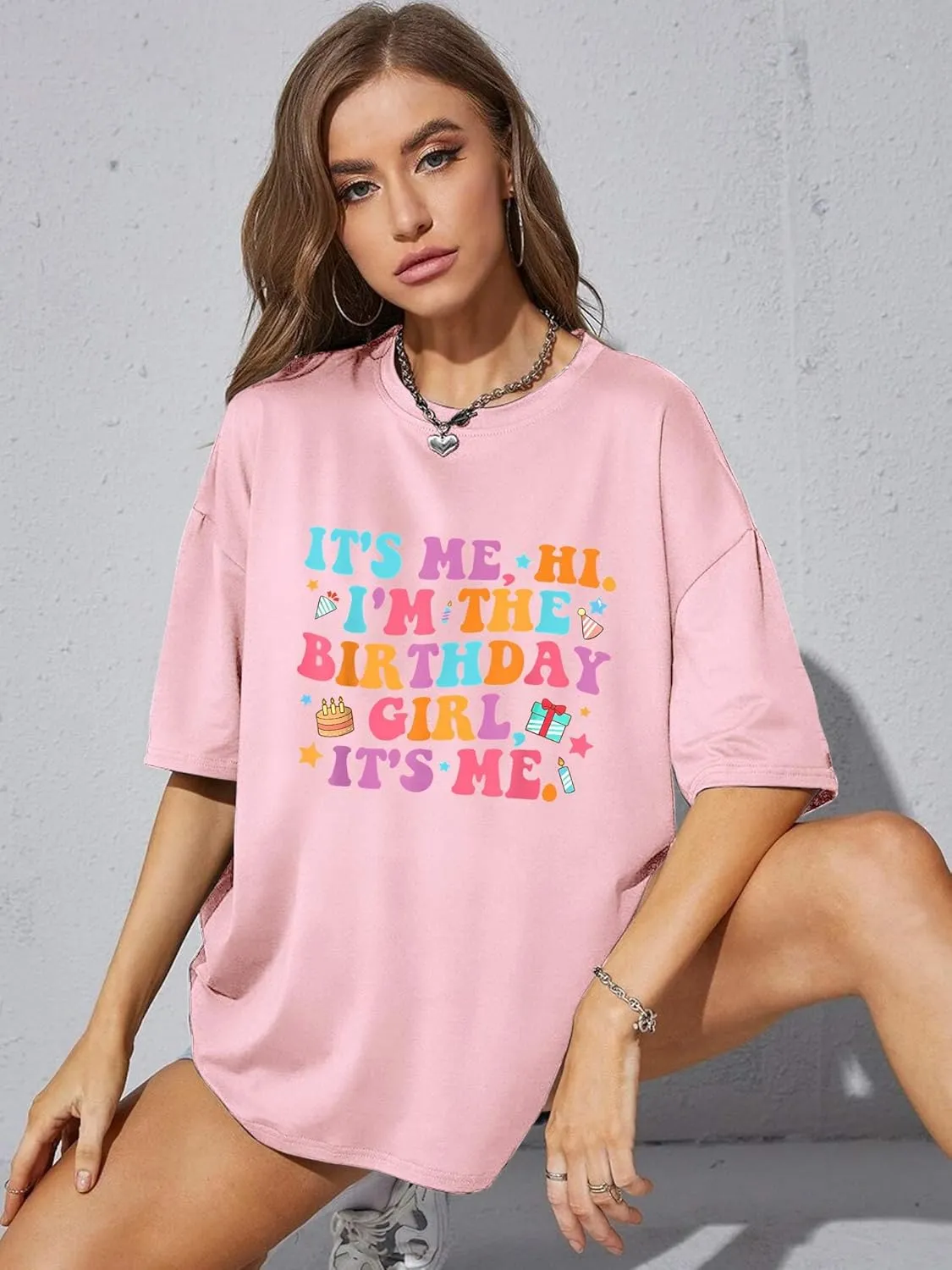 Oversized Shirt for Women It's Me Hi I'm Birthday Girl It's Me Letter Tee Shirt Party Short Sleeve Tops