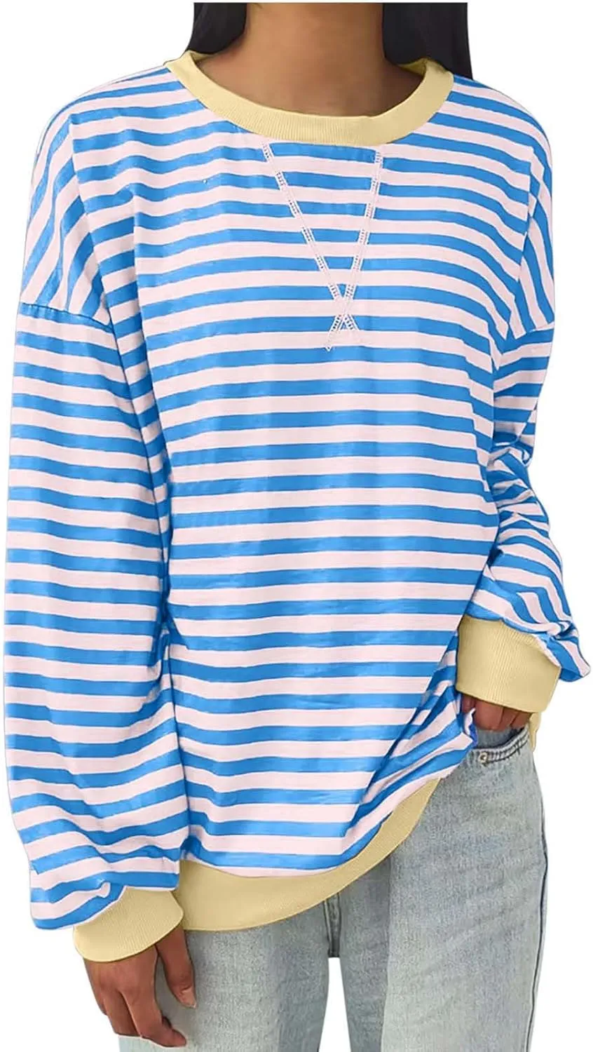 Oversized Sweatshirt Shirts for Women 2024 Fall Long Sleeve Crewneck Pullover Tops Causal Loose Striped Blouse