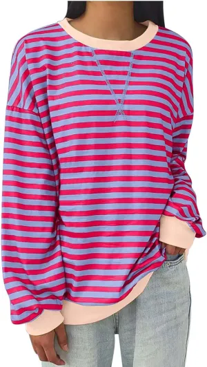 Oversized Sweatshirt Shirts for Women 2024 Fall Long Sleeve Crewneck Pullover Tops Causal Loose Striped Blouse