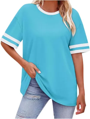 Oversized T Shirts for Women Color Stitching Round Neck Pullover Tops Baggy Casual Drop Shoulder Short Sleeve Tees