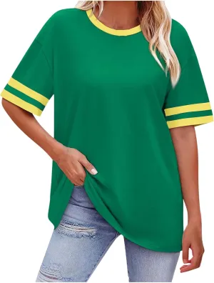 Oversized T Shirts for Women Color Stitching Round Neck Pullover Tops Baggy Casual Drop Shoulder Short Sleeve Tees