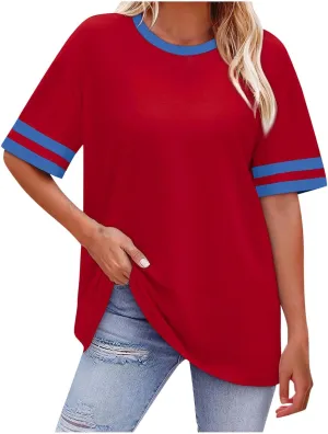 Oversized T Shirts for Women Color Stitching Round Neck Pullover Tops Baggy Casual Drop Shoulder Short Sleeve Tees
