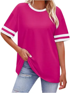 Oversized T Shirts for Women Color Stitching Round Neck Pullover Tops Baggy Casual Drop Shoulder Short Sleeve Tees