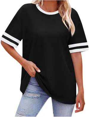 Oversized T Shirts for Women Color Stitching Round Neck Pullover Tops Baggy Casual Drop Shoulder Short Sleeve Tees