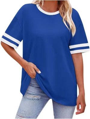 Oversized T Shirts for Women Color Stitching Round Neck Pullover Tops Baggy Casual Drop Shoulder Short Sleeve Tees
