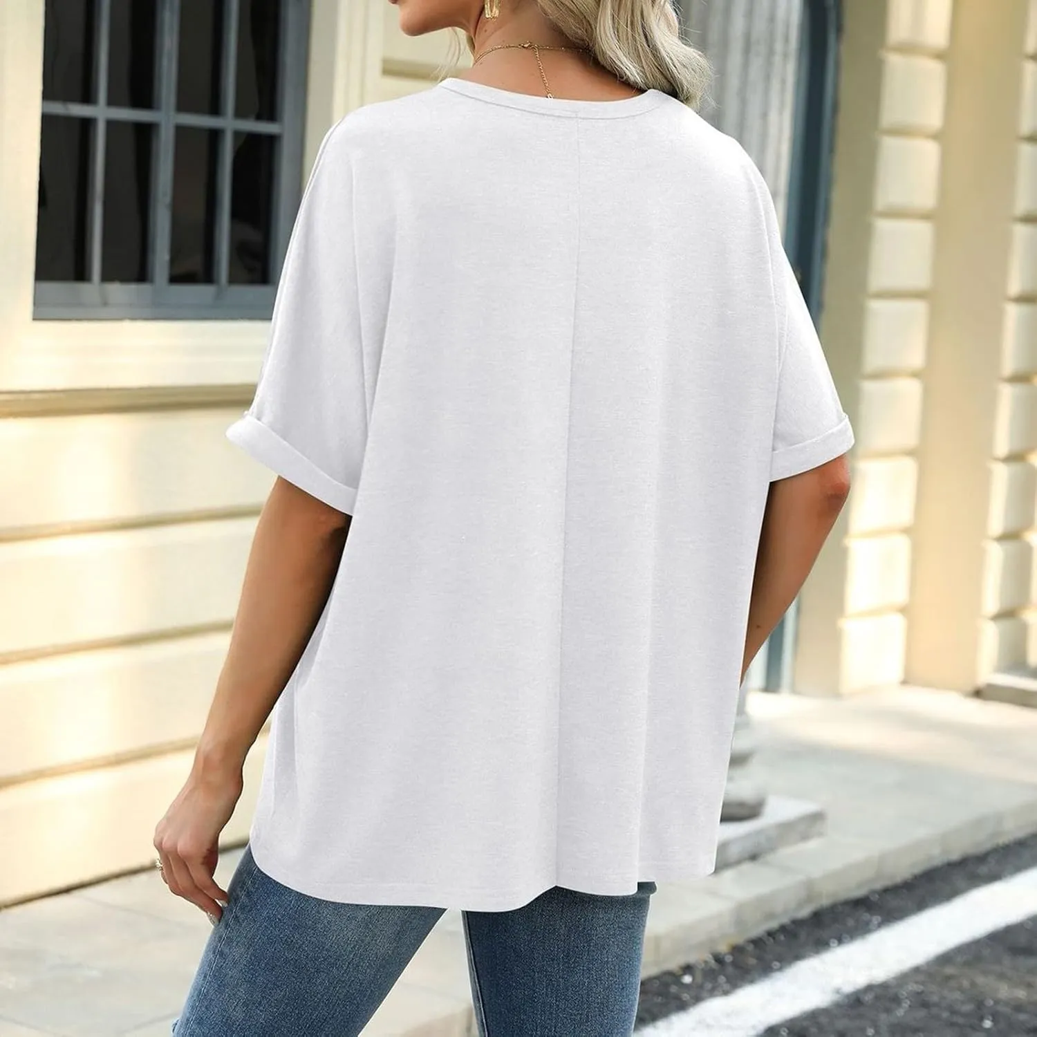 Oversized Tshirts for Women Crew Neck Rolled Elbow Length Summer Tops Dressy Half Sleeve Loose Fit Cute Shirts