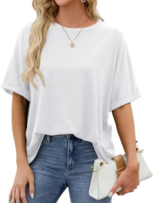 Oversized Tshirts for Women Crew Neck Rolled Elbow Length Summer Tops Dressy Half Sleeve Loose Fit Cute Shirts