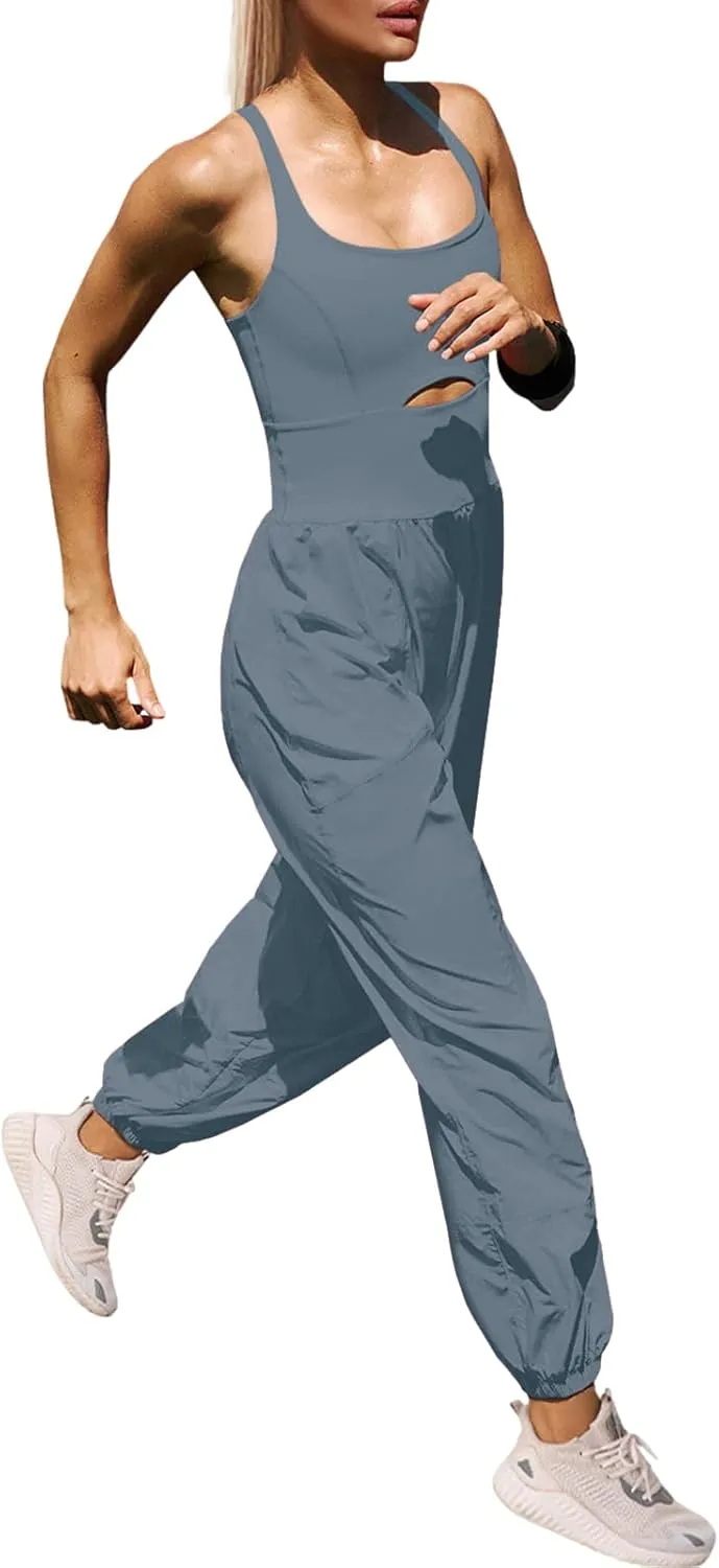Panadila Womens Workout Onesie Athletic Romper One Piece Jumpsuits Backless Tops Hiking Pants with Pockets