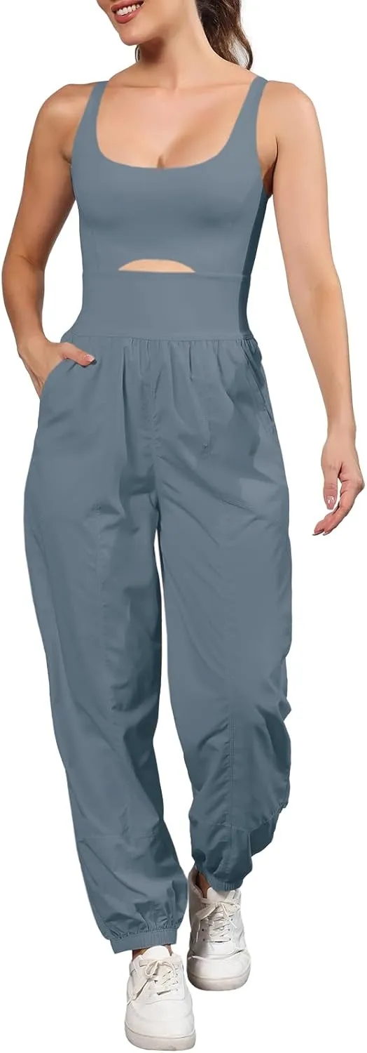 Panadila Womens Workout Onesie Athletic Romper One Piece Jumpsuits Backless Tops Hiking Pants with Pockets