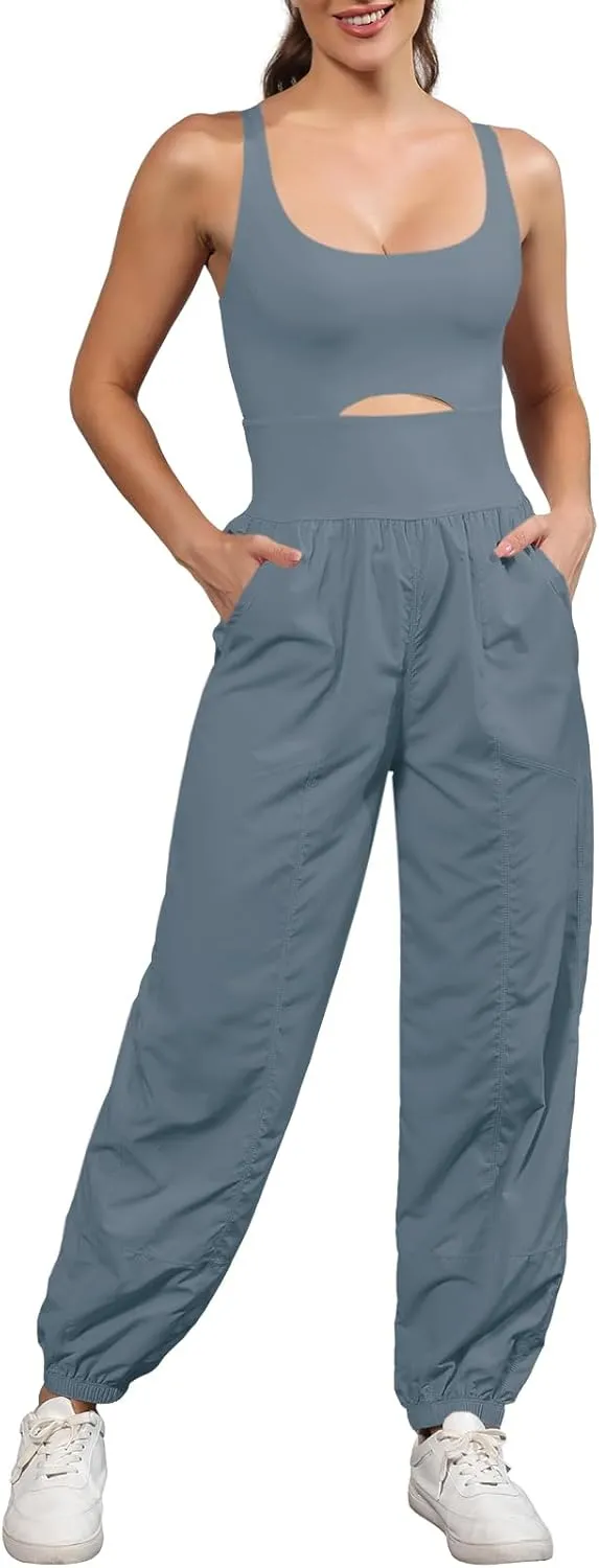 Panadila Womens Workout Onesie Athletic Romper One Piece Jumpsuits Backless Tops Hiking Pants with Pockets
