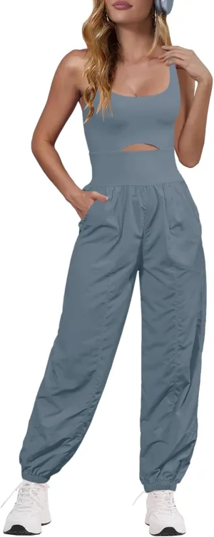 Panadila Womens Workout Onesie Athletic Romper One Piece Jumpsuits Backless Tops Hiking Pants with Pockets